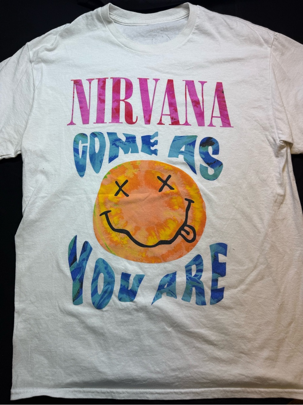 NIRVANA White Tee with Pink Logo and Multicolor Smiley
